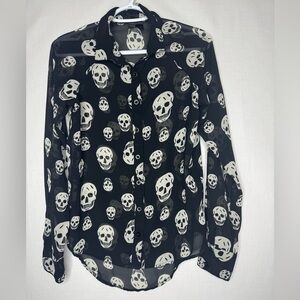 Fun N Flirt Womens All Over Skull Print Blouse Sheer Long Sleeve Goth Skeleton